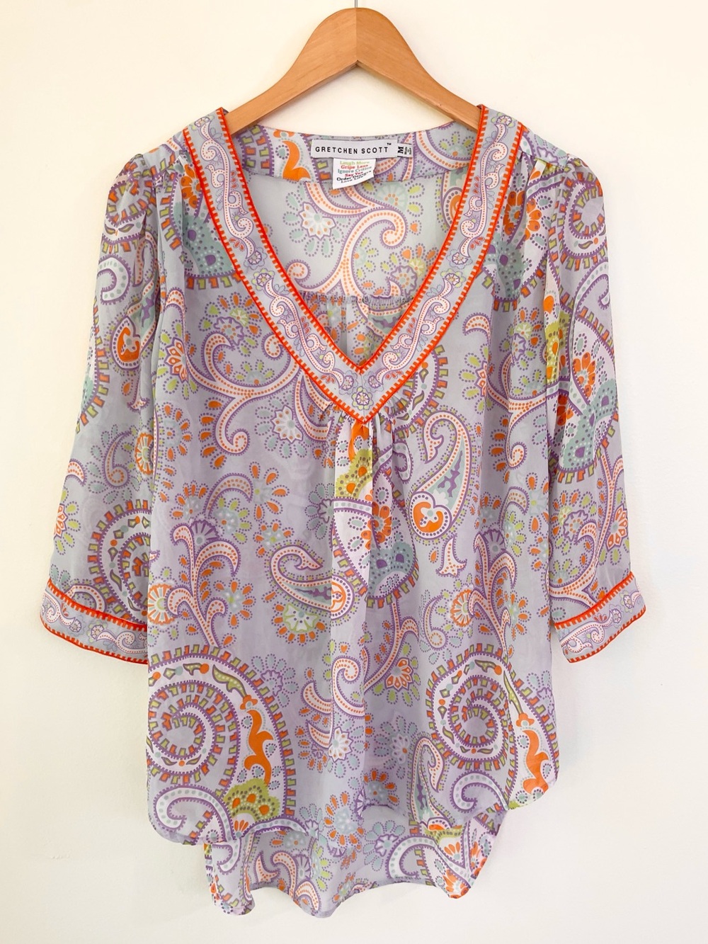 Gretchen Scott Paisley Paradise Georgette Tunic Top Blouse M Medium Blue Orange